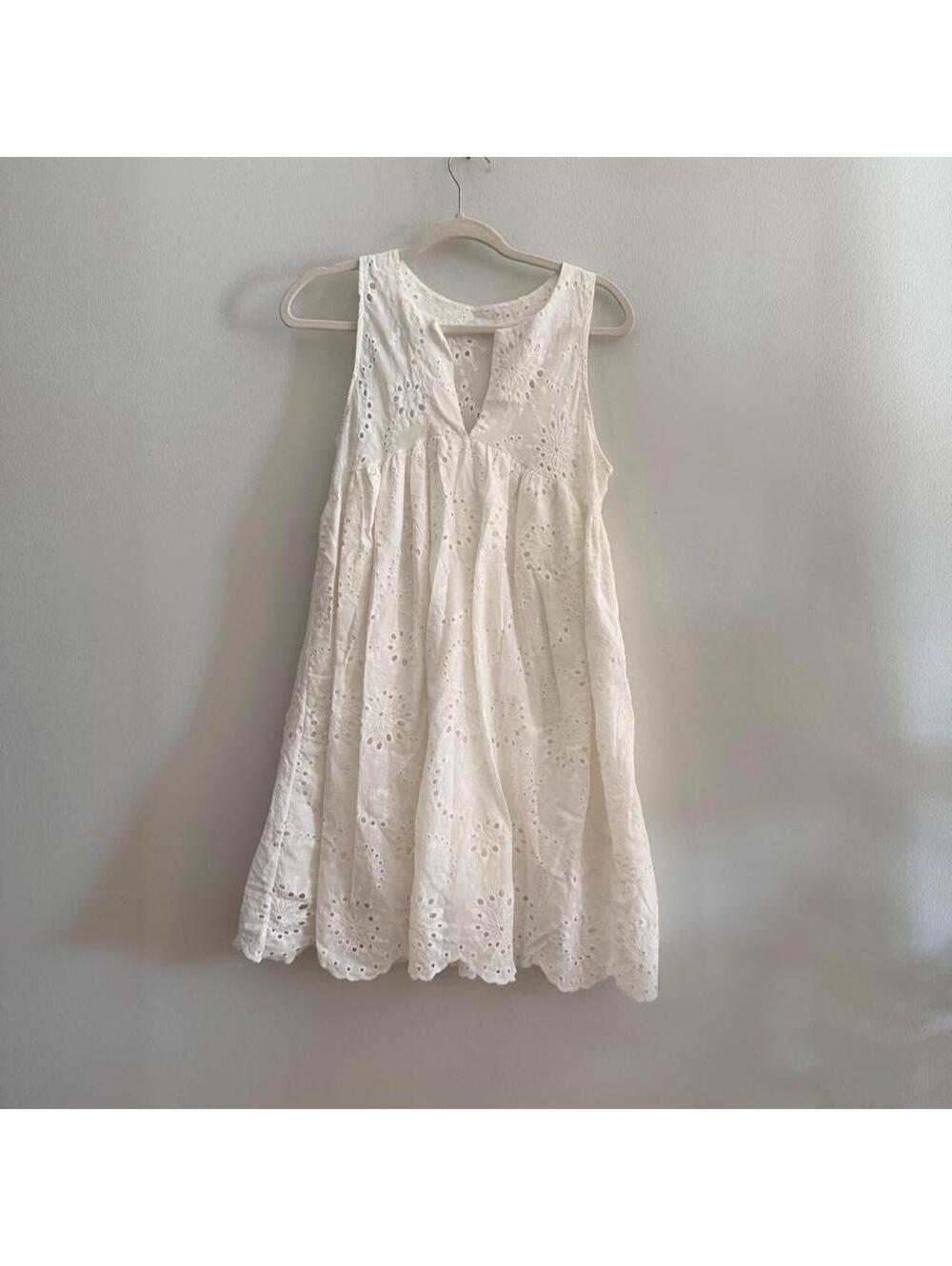 White Eyelet Cotton Dress with Floral Embroidery